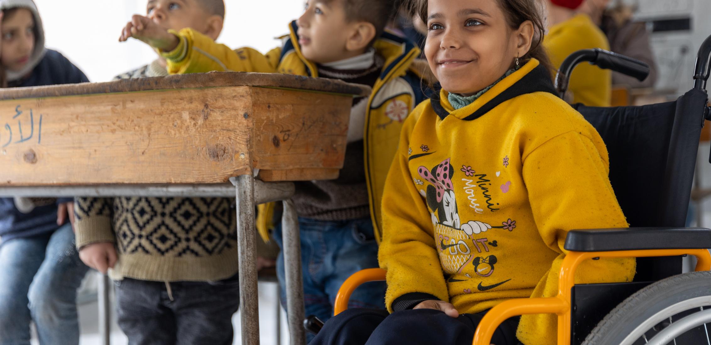 UN0855919/Janji Iman, 13, takes part in a UNICEF-supported educational activity at a school-turned-shelter in Aleppo city, Syria, on 15 March 2023. In Aleppo, one of the areas largely affected by the deadly earthquakes, UNICEF, with partners, is reaching affected children, including children with disabilities, with educational entertaining activities and catch-up remedial classes to help them make up for the missed learning and restore a sense of stability in their lives. 